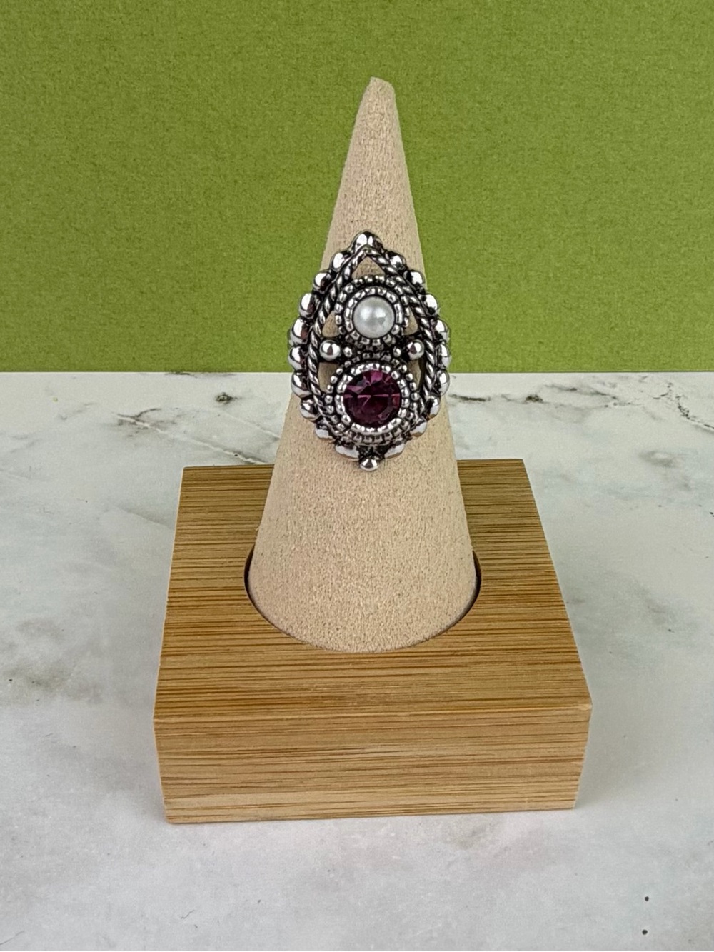 Vintage Sarah Coventry Adjustable Ring Silver Tone Faux Pearl & Amethyst Purple